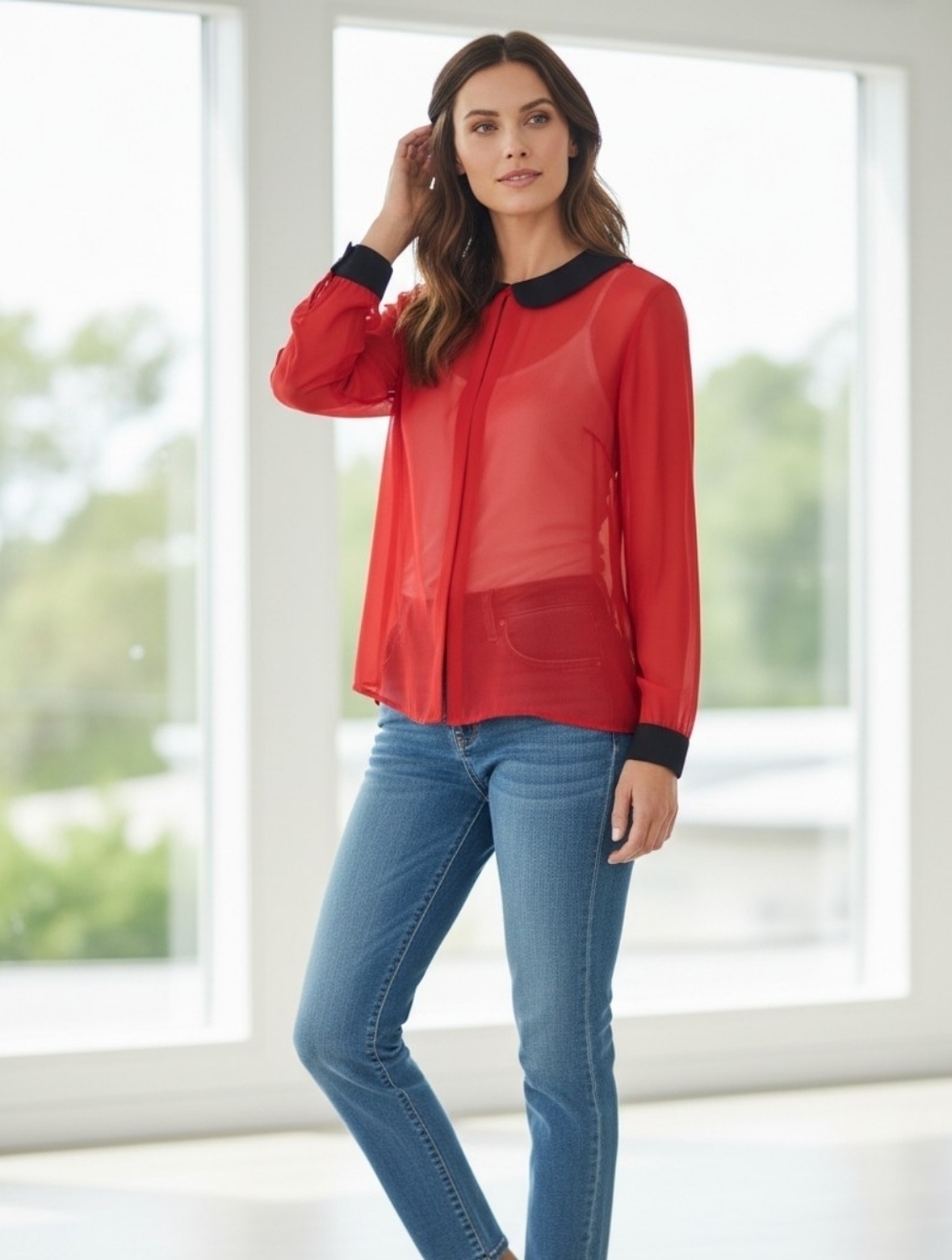W118 By Walter Baker Kristy Red & Black Sheer Long Sleeve Blouse XS